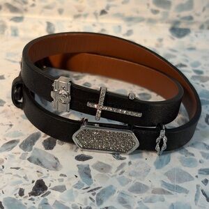 Keep Collective Black Leather Wrap Bracelet Crystal Cross Camera Charm Silver
